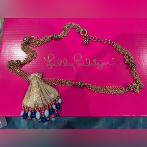 Lilly Pulitzer 30" long bombshell gold shell statement necklace blue turquoise